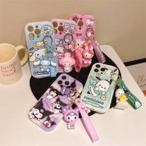 3D Cartoon Kuromi Wavy Phone Case For iPhone 16 15 14 Pro 13 12 11 X Xr Xs Max 7 8 Plus SE Cute Melody With Wrist Strap Cover
