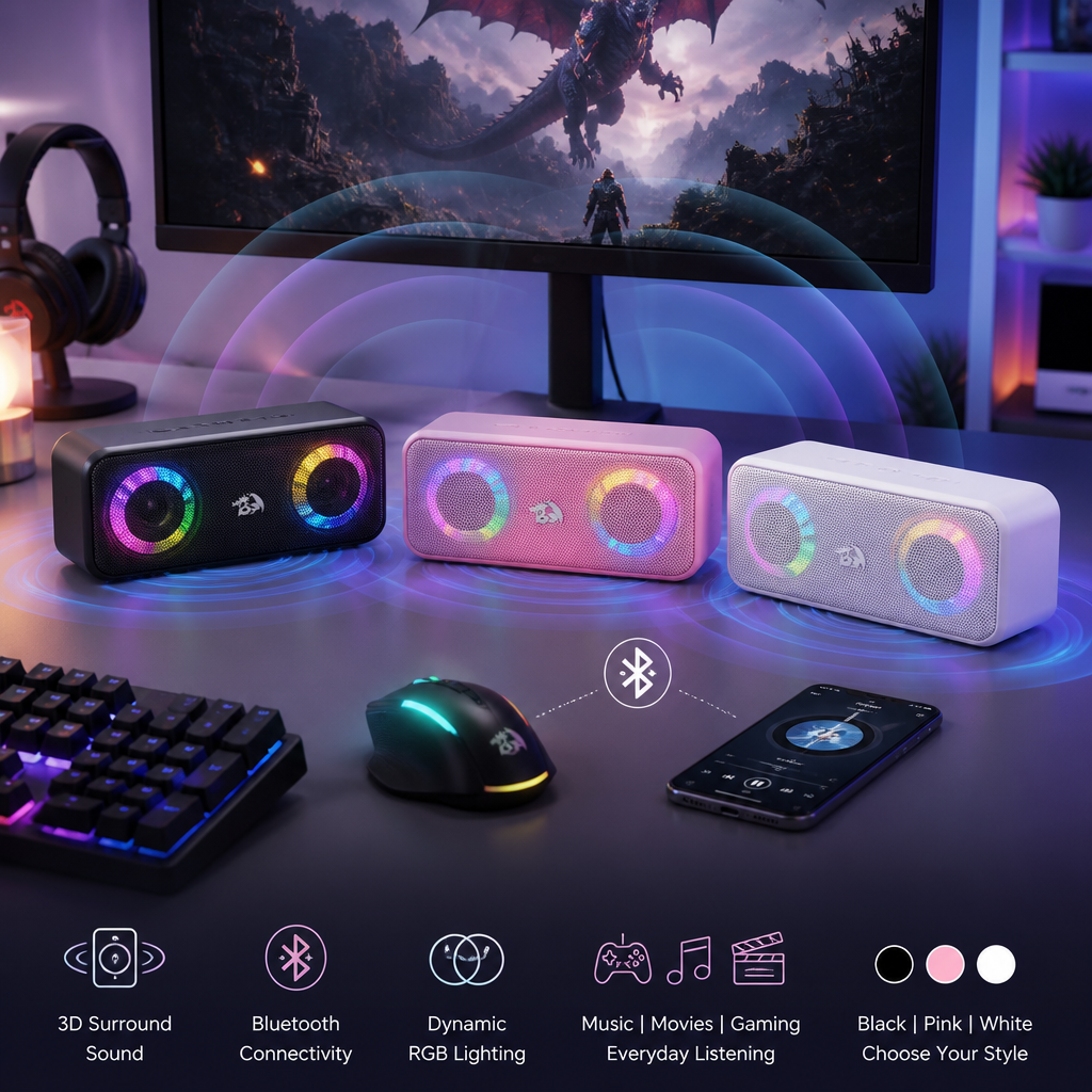 Redragon GS520 speakers - RGB Bluetooth speakers with immersive 3D surround sound on a modern gaming desk.