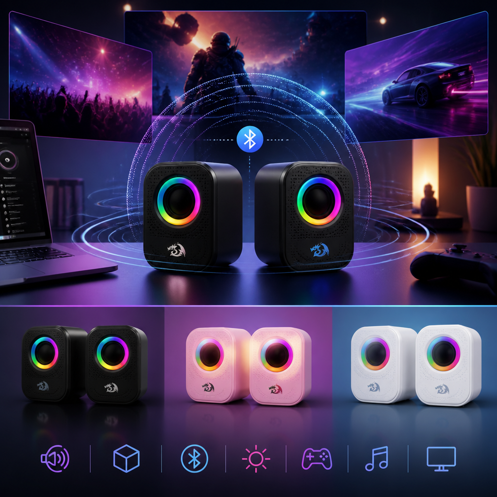 Modern Bluetooth computer speakers with colorful RGB lighting in a stylish gaming setup.