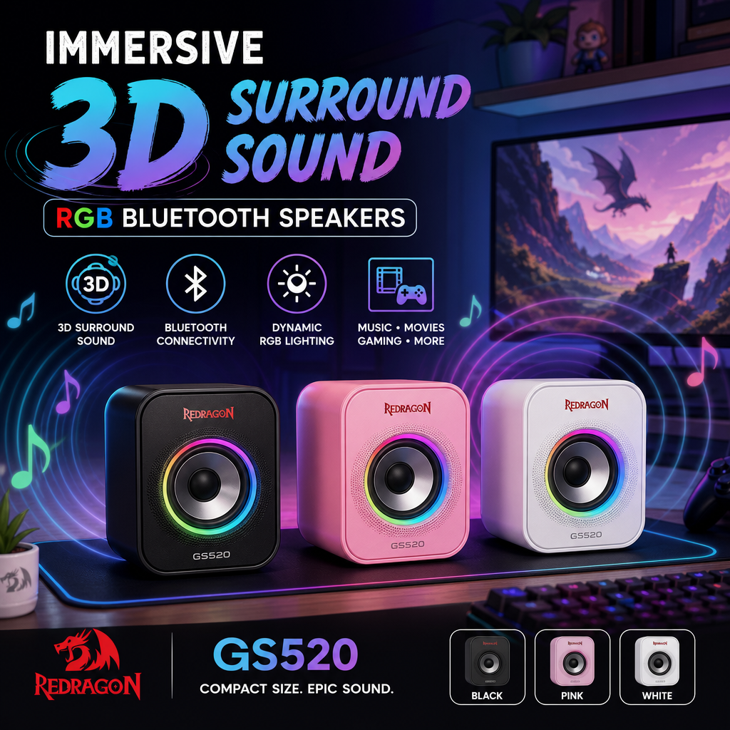 Redragon GS520 RGB Bluetooth speakers with vibrant lighting for immersive 3D surround sound.