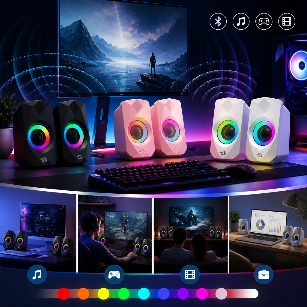 RGB Bluetooth desktop speakers - RGB Bluetooth speakers beside dual monitors and a keyboard in a colorful gaming setup.