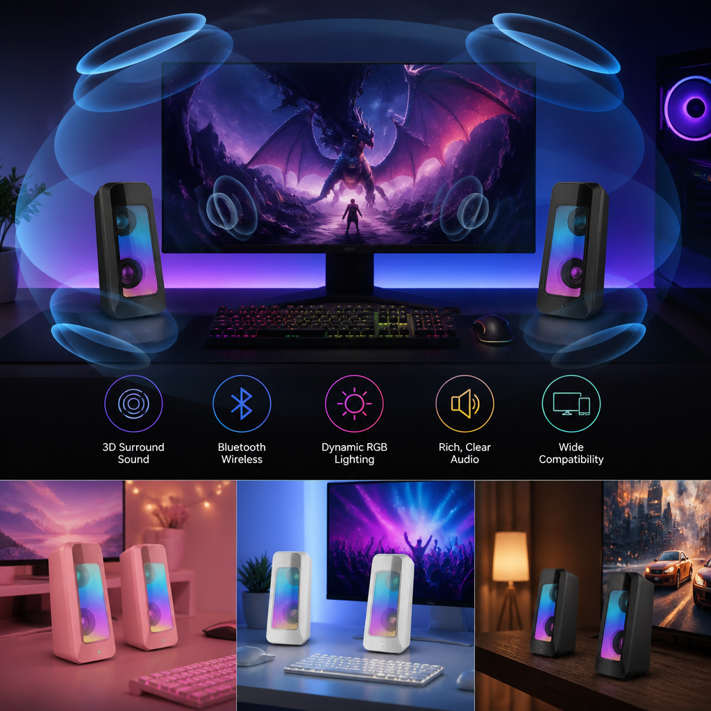 RGB gaming speakers with Bluetooth audio, surround sound, and colorful ambient lighting.