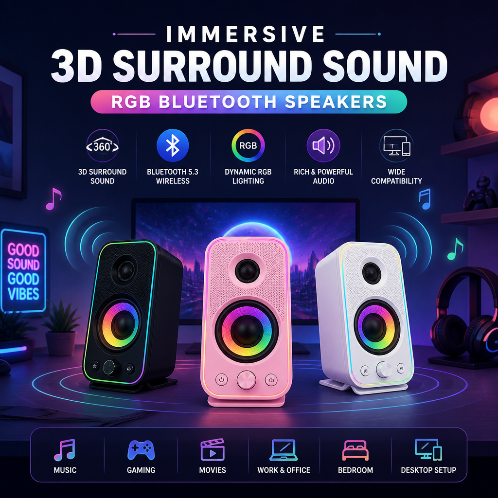 RGB Bluetooth speakers in a modern audio setup, showcasing immersive 3D surround sound.