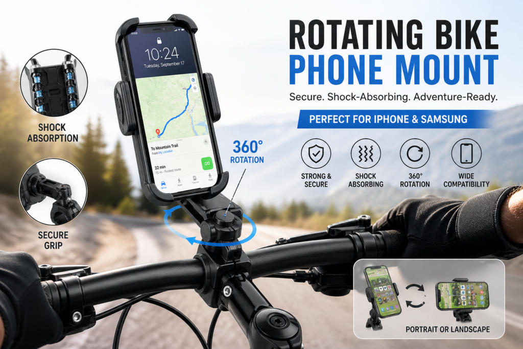 Illustration of Rotating Bike Phone Mount: Must-Have Secure Shock-Absorbing Holder for iPhone & Samsung