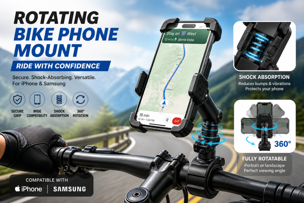 Illustration of Rotating Bike Phone Mount: Must-Have Secure Shock-Absorbing Holder for iPhone & Samsung