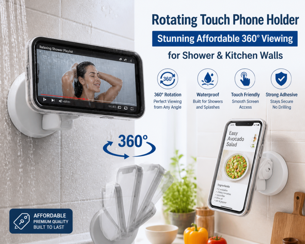 Illustration of Rotating Touch Phone Holder: Stunning Affordable 360° Viewing for Shower & Kitchen Walls