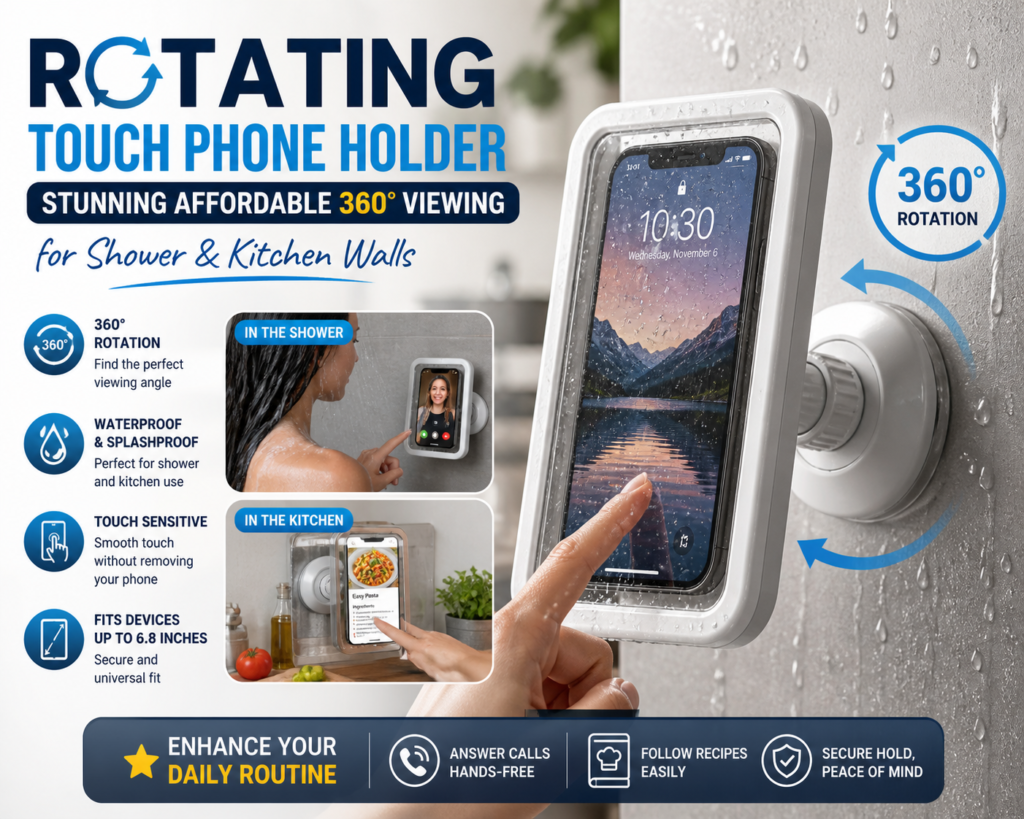 Illustration of Rotating Touch Phone Holder: Stunning Affordable 360° Viewing for Shower & Kitchen Walls
