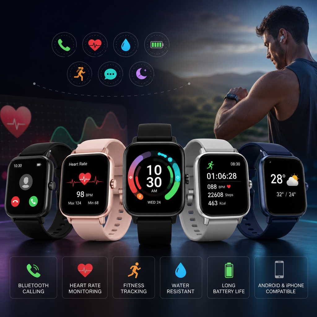 budget smartwatch - Five smartwatches showcasing health tracking, fitness monitoring, waterproofing, long battery life, and s