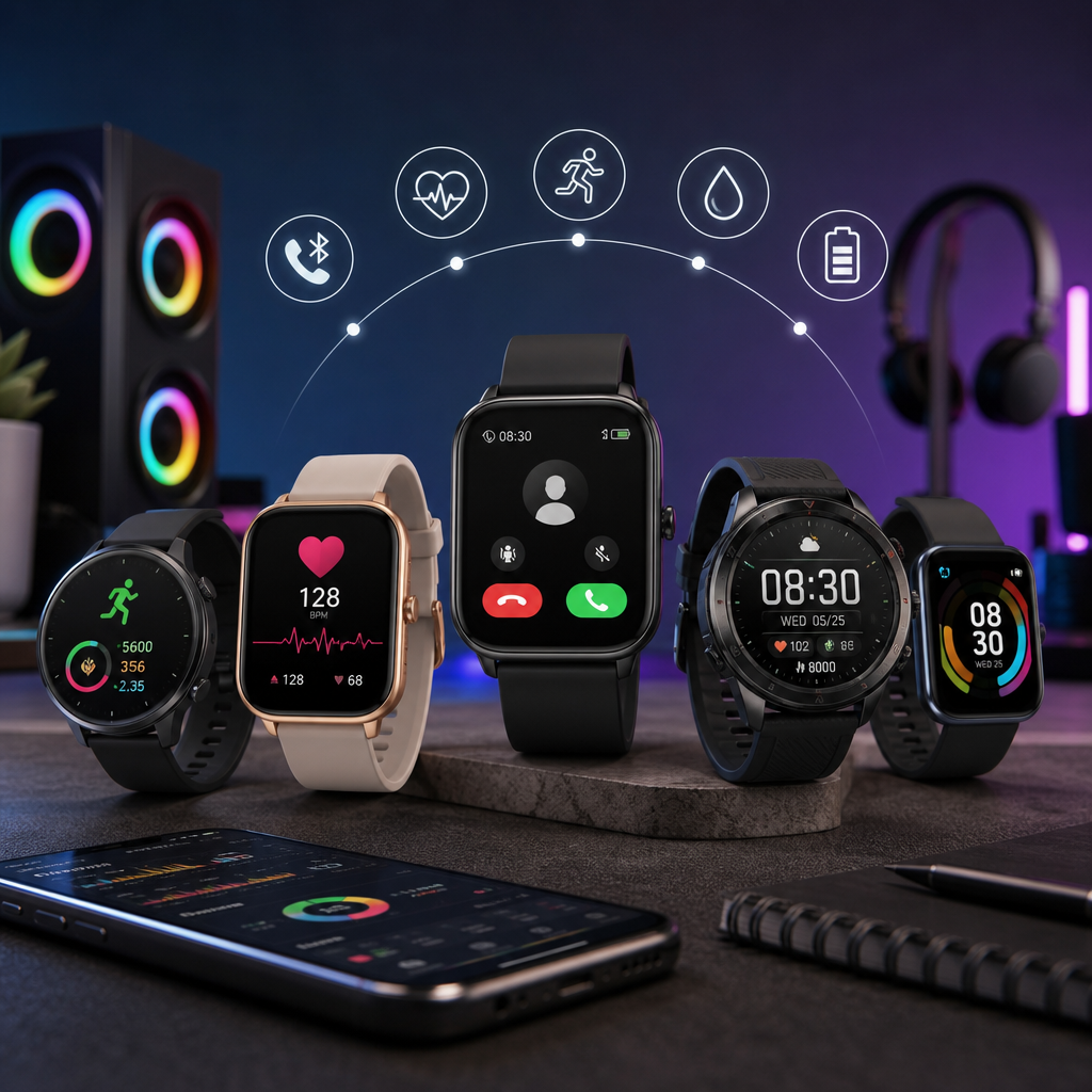 Smartwatches and fitness trackers beside speakers, headphones, and a smartphone in a modern tech setup.
