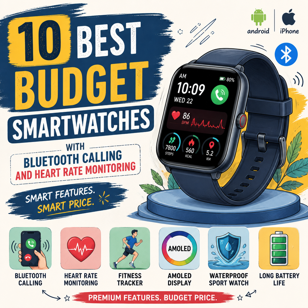 Infographic of 10 budget smartwatches with Bluetooth calling, heart-rate monitoring, fitness tracking, and AMOLED displays.