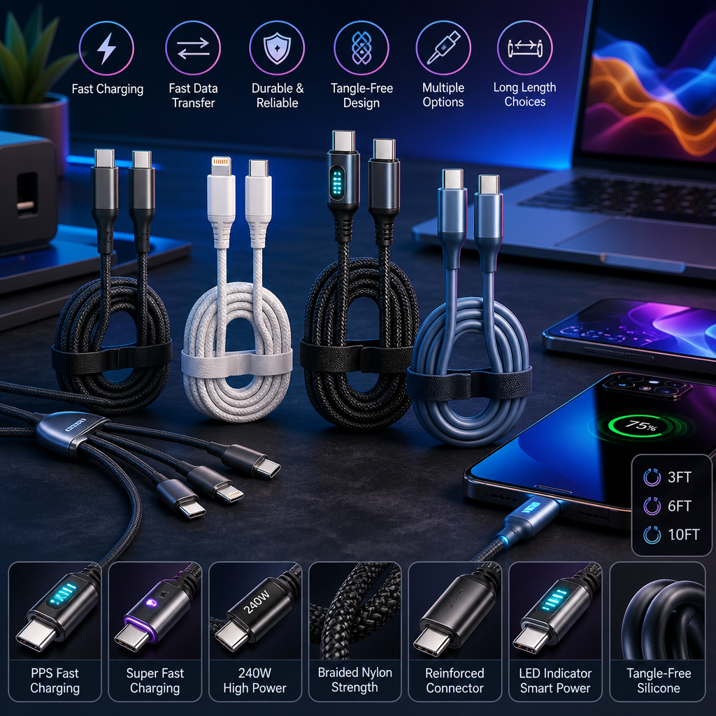 USB-C to USB-C cable - Premium braided charging cables for iPhone and Samsung devices with reinforced connectors and tangle-f