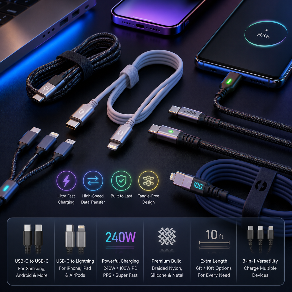240W multi-device charging cables and accessories with smartphones and laptops, including USB-C cables.