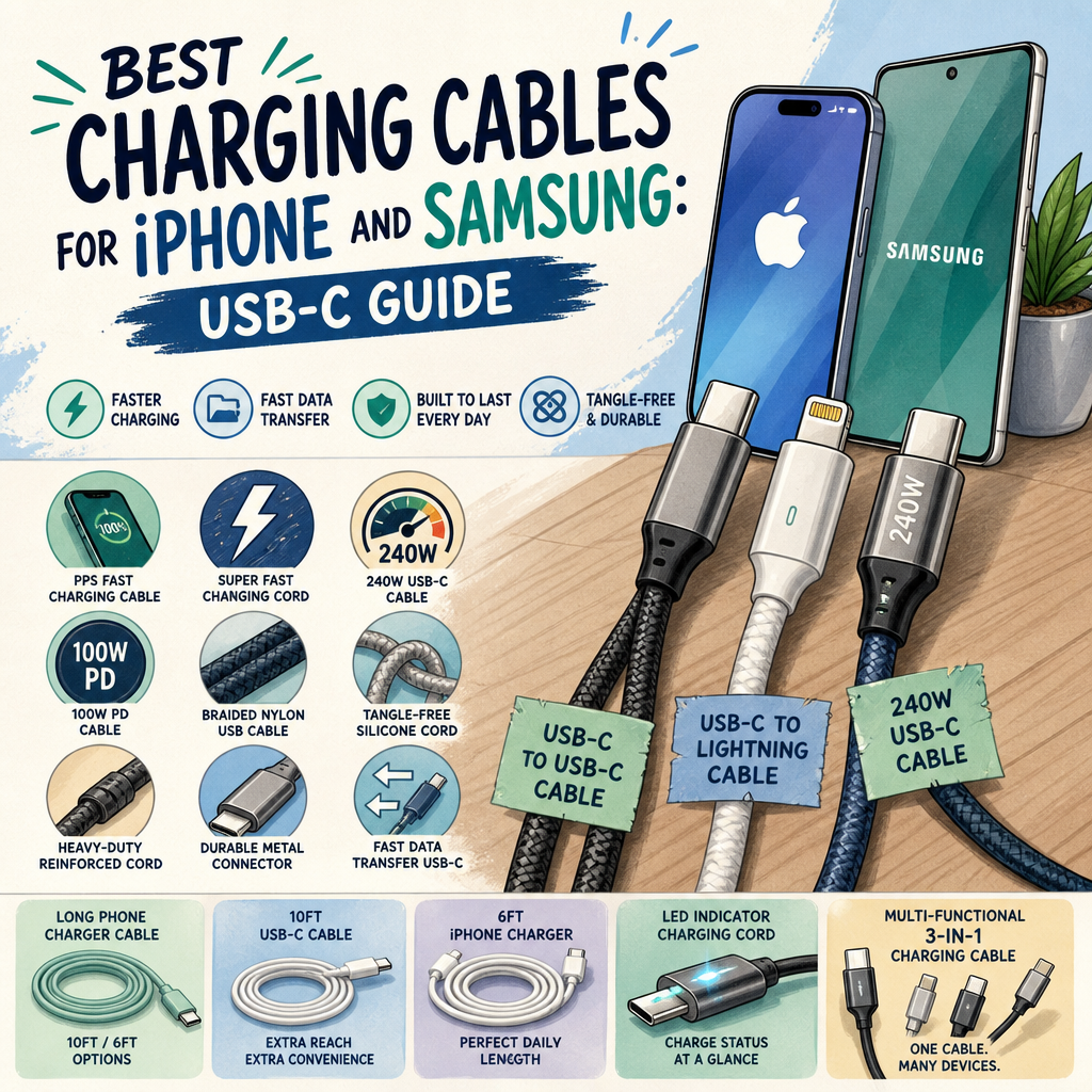 Infographic comparing the best USB-C charging cables for iPhone and Samsung devices.